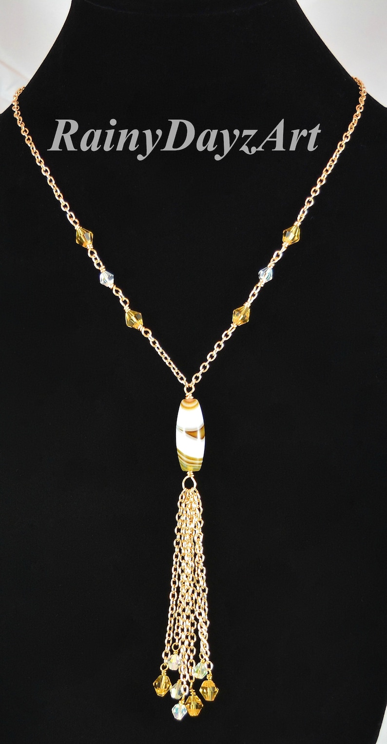 Slip On Necklace 30 Necklace Natural Brown /& White Agate Tassel Necklace With Citrine Color Beads Stripes Agate Column Pendant Necklace