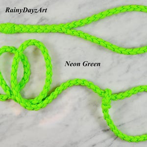 May include: A neon green braided rope leash featuring a loop handle at one end and a slip knot mechanism at the other. The text RainyDayzArt and Neon Green are visible on the image. The leash is constructed from a continuous braided cord.