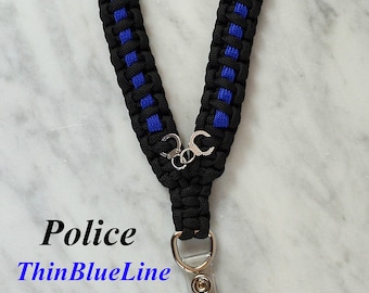 Police "Thin Blue Line" Paracord ID Lanyards With Handcuff Charm, Safety Break Away Connectors & ID Holder, Thin Blue Line Badge Holders