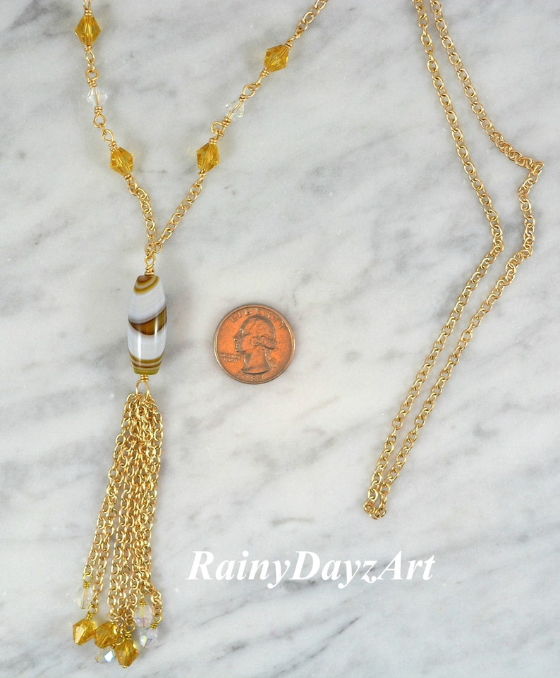 Slip On Necklace 30 Necklace Natural Brown /& White Agate Tassel Necklace With Citrine Color Beads Stripes Agate Column Pendant Necklace