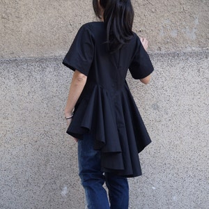 Oversized Black Shirt/Short Sleeved Cotton Shirt/Asymmetrical Shirt/Elegant Shirt/Black Top/Flattering Shirt/Gathered Shirt/Peplum Top/F1666