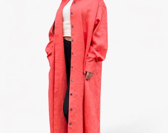 Handmade Coral Italian Linen Maxi Shirt Dress | Sustainable Coat