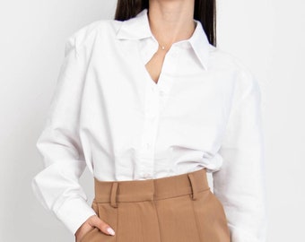 Oversized White Poplin Shirt: Structured Shoulder Pad Blouse/F5000