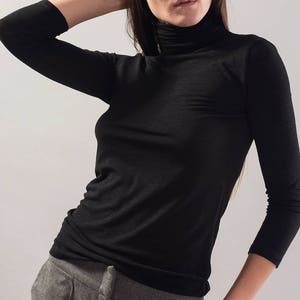 Black Turtleneck With 3/4 Sleeves/Classic Turtleneck Top/Women&#39;s Turtleneck/Custom Handmade Women’s Blouse/Cotton Knit Shirt/F1734