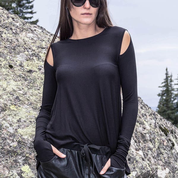 Trous de pouce Top / Chemise Maxi Noire / Chemisier en coton Jersey / Haut de mode / Top découpé noir / Haut à manches longues / Vêtements d’extérieur / Chemisier sportif / Chemisier ample / F1730