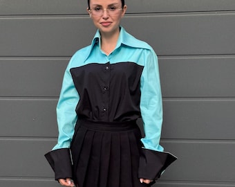 Two-tone Cotton Shirt with Oversized Cuffs and Collar/F5087
