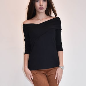 Black Woman Blouse/Sexy Top/3/4 Sleeves Shirt/Black Jersey Slim Shirt/Handmade Top With Open Shoulders/Black Top/Black Casual Tunic/F1902