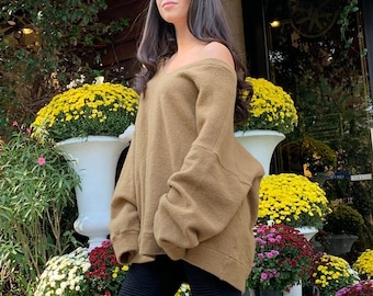 Handmade Asymmetrical Sweater/Knitwear/Sweater Dress/Long Pullover/Loose Plus Size Sweater/Off Shoulder Sweater/Camel Loose Blouse/F1927