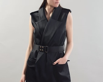 High Collar Vest/Asymmetrical Vest with Pockets/Long Satin Sleeveless Vest/Long Vest/Extravagant Vest/Belted Vest by FloAtelier/F1871