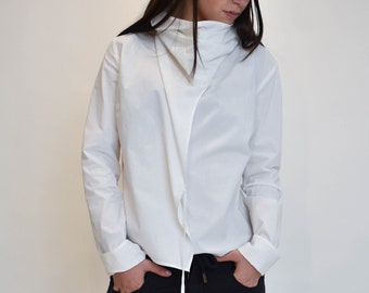 Oversized White Shirt/Casual White Top/Long Sleeved Cotton Shirt/Asymmetrical Shirt/Buttoned Shirt/Extravagant White Top/Summer Shirt/F1909