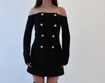Black Dress/Handmade Dress/Double Buttoned Dress/Off Shoulder Dress/Mini Black Dress/Handmade Black Dress/Fitted Dress/Day Wear Suit/F1983