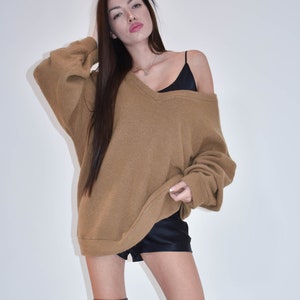 Handmade Oversized Sweater/Knitwear Top/Sweater Dress/Camel Long Pullover/Loose Plus Size Sweater/Off Shoulder Sweater/Camel Blouse/F1806 image 2