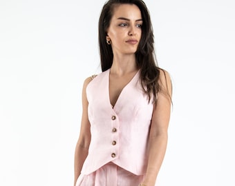 Sleeveless Linen Vest/Fitted Linen Top/Casual Sleeveless Blouse/High Neck Top/Linen Vest with Buttons/Pink Linen Top/Linen Suit/F2421