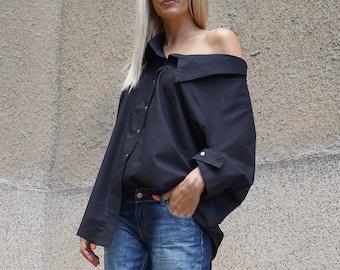 Oversized Black Cotton Shirt, Handmade Asymmetrical Top