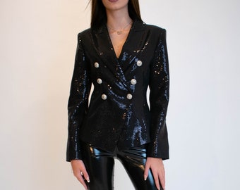 Black Sequinned Blazer/Handmade Jacket/Double Buttoned Black/Black Top/Wool Black Blazer/Crepe Blazer/Black Fitted Blazer/Black Coat/F1906