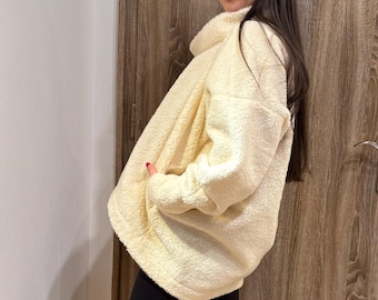 Cream Teddy Fleece Sweater with High Neck/Asymmetrical Hem Pullover with Pockets/F5093
