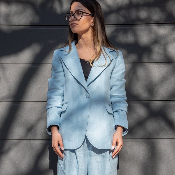 Veste doublée de lin / Blazer en lin décontracté / Veste en lin bleu clair / Blazer en lin classique / Blazer en lin avec poches / Veste en lin minimaliste / F2267