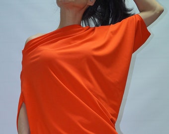 Oversized Asymmetrical Tunic/Orange Top/Cotton Dress/Loose Woman Tunic/Cotton Blouse/Sweater Dress/Coral Tunic/Handmade Orange Tunic/F1107