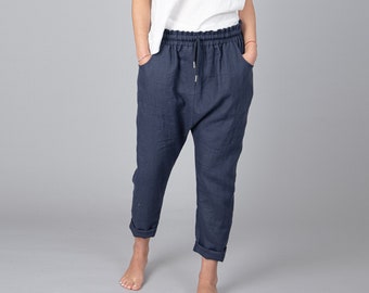 Loose Linen Pants/Casual Blue Drop Crotch Harem Pants/Unisex Pants/Wide Leg Pants/Handmade Linen Pants/Navy Loose Pants/Linen Pants/F1137