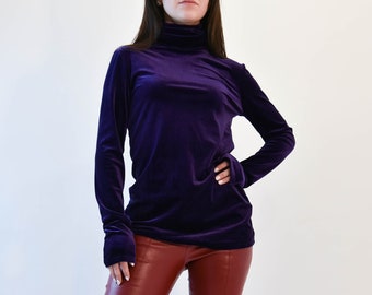 Purple Velvet Tunic/Women's Casual Blouse/Casual Purple Top/Handmade Velvet Top/Casual Shirt/Extravagant Turtleneck Top/Velvet Top/F2005