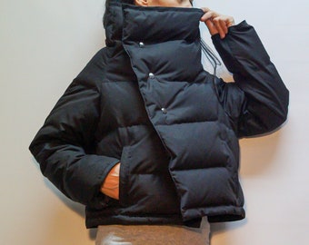 Black Quilted Cropped Jacket, Windproof Winter Coat