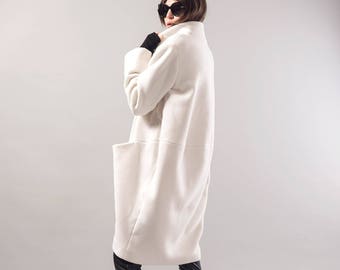 Straight Coat/Off White Coat/Wool Cashmere Coat/Winter Coat/Oversize Coat/Unstructured Coat/Asymmetrical Coat/Extravagant Coat/F1731