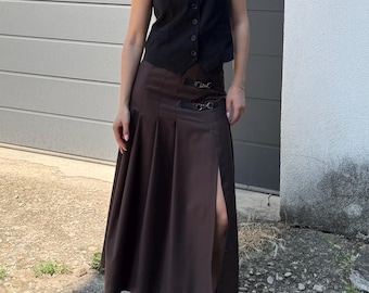 Viscose Maxi Skirt with Slit and Buckle Detail/Handmade Skirt/Custom Size A-Line Skirt/Elegant High Waist Skirt/Pleated Midi Skirt/F5083