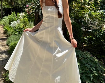 White Cotton Midi Dress: Summer Elegant Gown/F5106