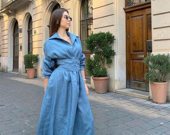 Denim Blue Linen Shirt Dress with Belt, Oversized Maxi Kaftan Dress with Pockets, Long Sleeve Linen Dress, F2142