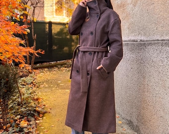 Long Brown Winter Coat with Lining and Belt/F5088