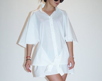 Wrapped Oversized Shirt/Casual White Top/Wrapped around Cotton Shirt/Loose Shirt/One Shoulder Shirt/Extravagant Shirt/White shirt/F1862