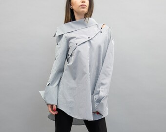 Oversized Convertible Shirt/Handmade Detachable Shirt/Long Sleeved Striped Shirt/Asymmetrical Shirt/Designer Shirt/Made to Measure/F2247