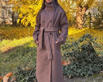 Wool Blend Winter Coat with Belt - Long Brown Overcoat/F5089