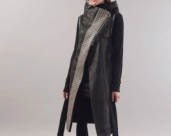 Wool Maxi Vest - High Collar Asymmetrical Sleeveless Coat