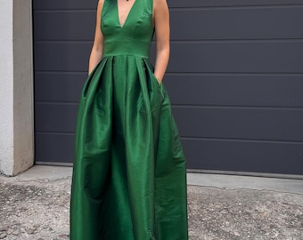 Elegant Evening Gown with Deep V Neck- Custom Made Maxi Dress/F5094
