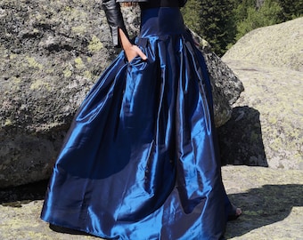 ROYAL Blue Skirt/Taffeta Skirt/Long Skirt/Maxi Skirt/High Waist Skirt/Low Waist Skirt/Floor Length Skirt/Fashion Skirt/Pleated Skirt/F1268