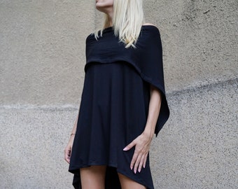 Convertible Dress/Cape Dress/Cape Back Dress/Oversized Top/Extravagant Tunic/Trimmed Hem/Bordered Hem/Black Tunic/Casual Top/Daywear/F1061