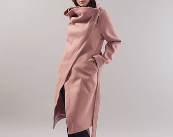 Pale Pink Wool Blend Coat/Winter Cape Coat/Cashmere Wool Coat/Long Sleeve Trench Coat/Asymmetrical Coat/Baby Wearing/Wool Coat/F1743