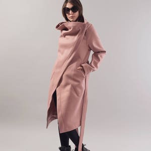 Pale Pink Wool Blend Coat/Winter Cape Coat/Cashmere Wool Coat/Long Sleeve Trench Coat/Asymmetrical Coat/Baby Wearing/Wool Coat/F1743