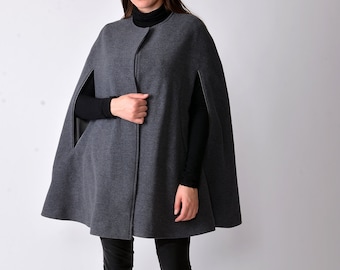Wool Cape Coat, Winter Swing Coat With Buttons, High Collar