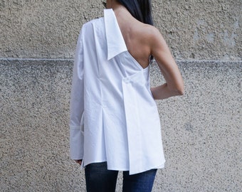 Off-Shoulder Cotton Oversized Shirt, Extravagant Blouse/F1639