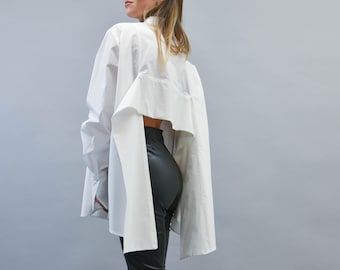 Oversized White Shirt/Handmade Casual White Shirt/Shirt with Open Back/Extravagant Long Shirt/Oversize Open Back Shirt/Made to Measure/F2204