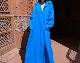 Made to Measure Linen Kaftan Dress, Oversized Maxi Shirtdress, Long Linen Abaya/F2131