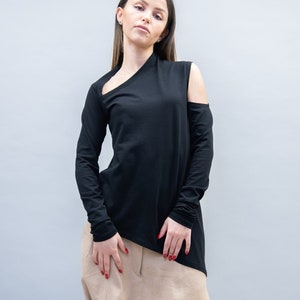 Elastic Black Top/Cut Out Top/Handmade Top/Loose Woman Tunic/Open Shoulder Blouse/Open Black Top/Black Tunic/Casual Black Top/F2273