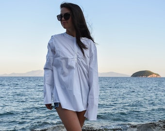 Oversized White Shirt/Casual White Top/Long Sleeved Cotton Shirt/Asymmetrical Shirt/Buttoned Shirt/Extravagant White Top/Summer Shirt/F1873