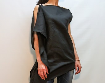 Asymmetrical Tunic Top/Oversized Black Linen Top/Casual Loose Tunic/Extravagant Top/Handmade Black Top/Handmade Linen Black Tunic/Top/F1148