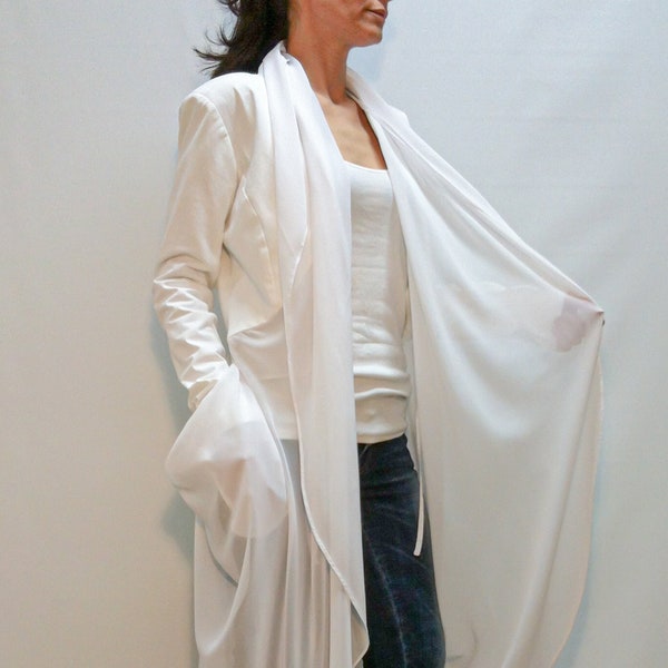 White Summer Coat/Long Jacket/Long Tunic/Cotton Trench/Summer Trench Coat/Trench from Cotton and Chiffon/Quality Vest/Handmade Coat/F1149