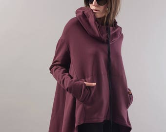 Burgundy Maxi Sweater/French Terry Blouse/Loose Sweatshirt/Hooded Sweater/Hoodie/Poncho/Asymmetrical Tunic/Relaxed Shape Blouse/F1778