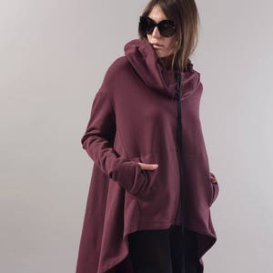 Burgundy Maxi Sweater/French Terry Blouse/Loose Sweatshirt/Hooded Sweater/Hoodie/Poncho/Asymmetrical Tunic/Relaxed Shape Blouse/F1778