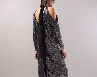 Silver Sequinned Dress/Cocktail Dress/Back Ribbon Dress/Off shoulder Dress/Cocktail Dress/Evening Dress/Glittering Dress/Loose Dress/F1741